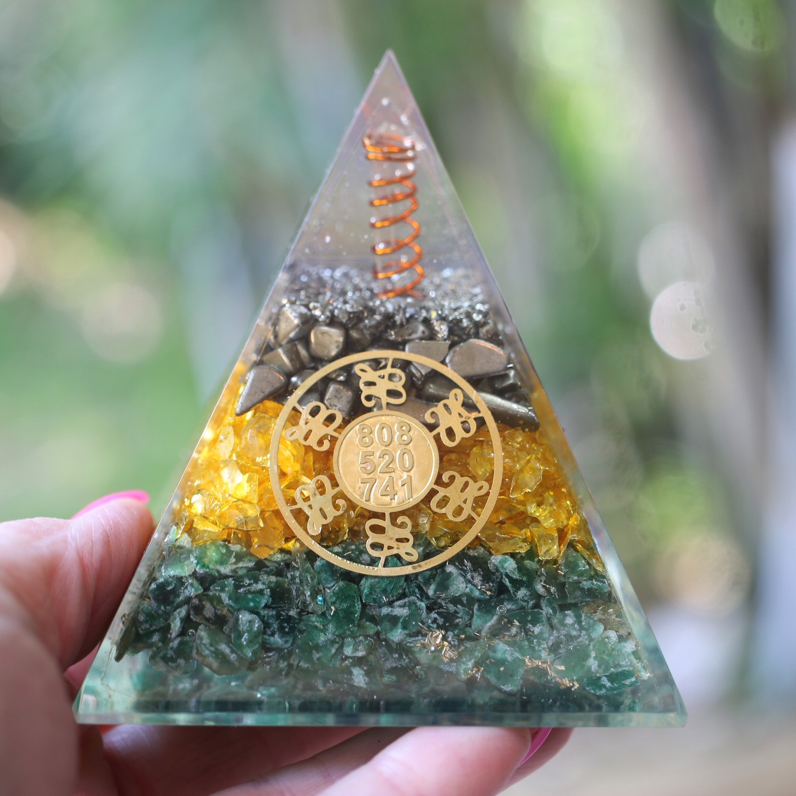 Pyrite Citrine, Aventurine Orgone Manifesting Pyramid 4in Tall EMF & 5G