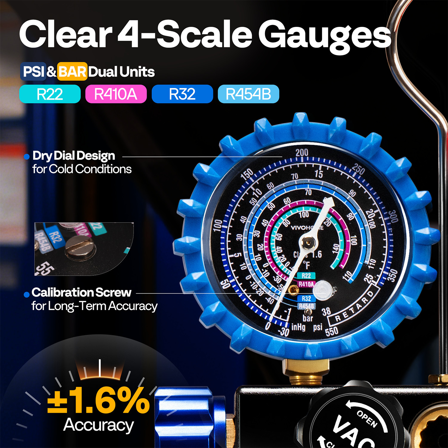 4 Valve HVAC Manifold Gauge Set R410A R454B R32 R22 AC Gauges w/ 5ft Hoses Kit