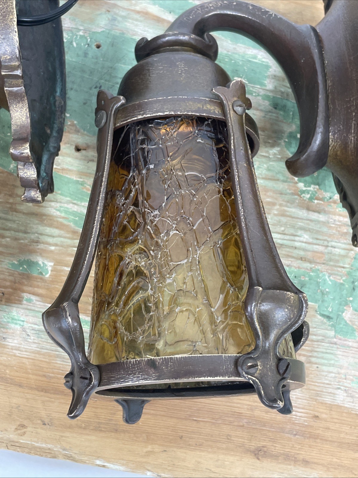 RESTORED Pair Antique Vtg Tudor Arts Crafts Wall Sconces Amber Glass Porch Light