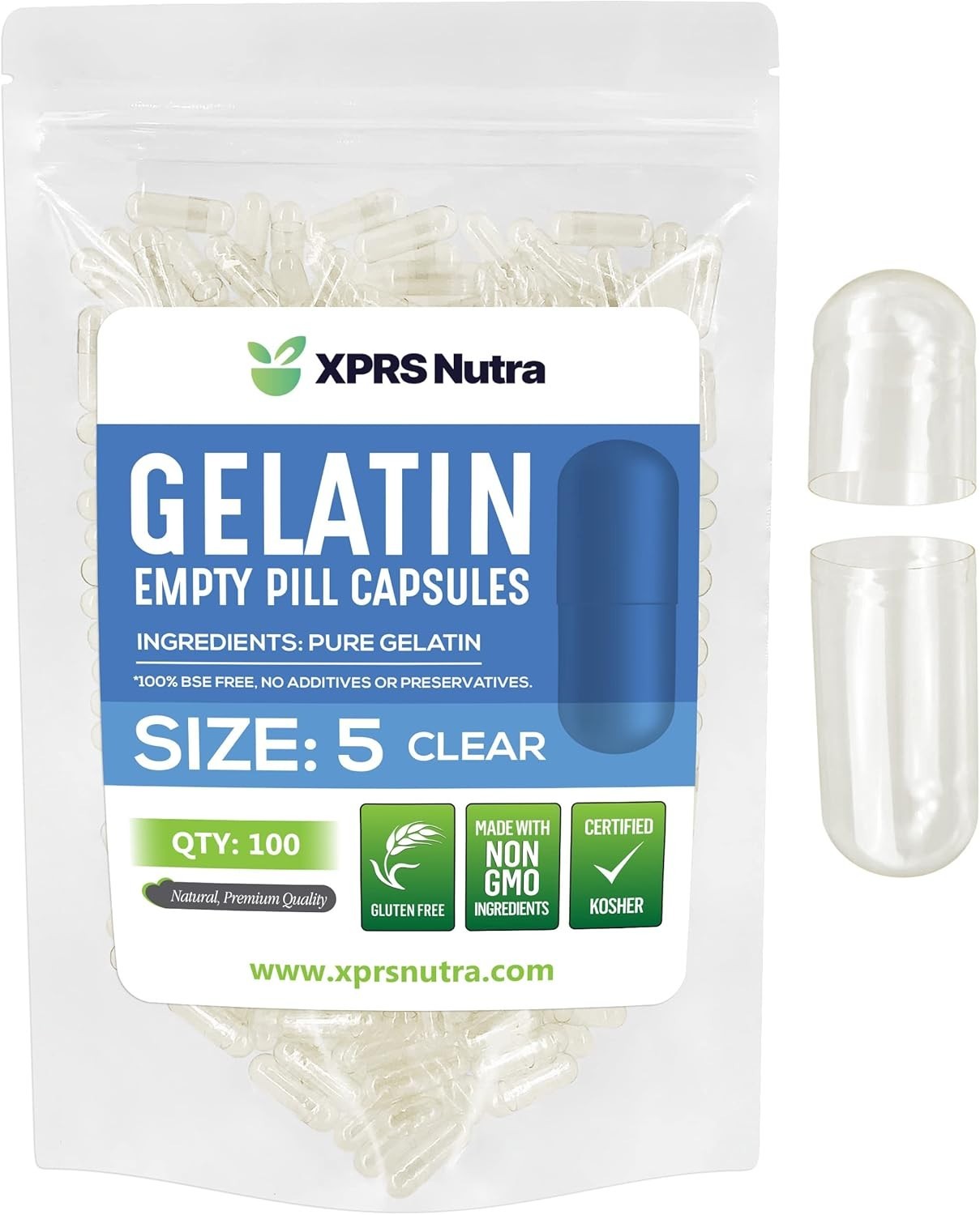 Size 5 Clear Empty Gelatin Pill Capsules Kosher Gel Caps Gluten-Free USA Made