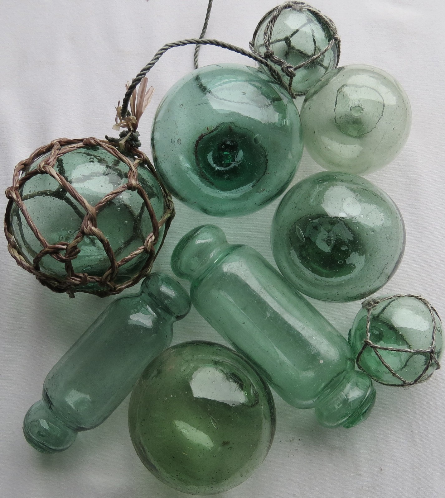 Japanese GLASS FLOATS (9) Sea Greens Mixed Sizes, Shape, Fishing Antiques USA BZ