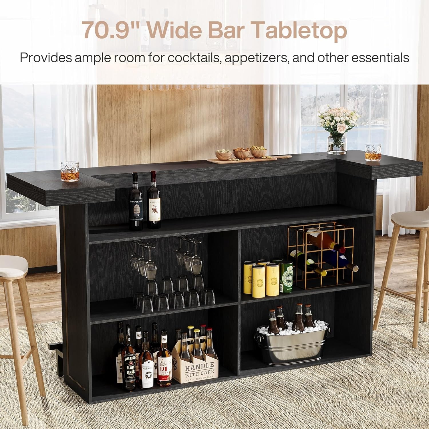 4-Tier Black Bar Table, 70.9-Inch Large Wooden Home Bar Unit with Storage Shelf