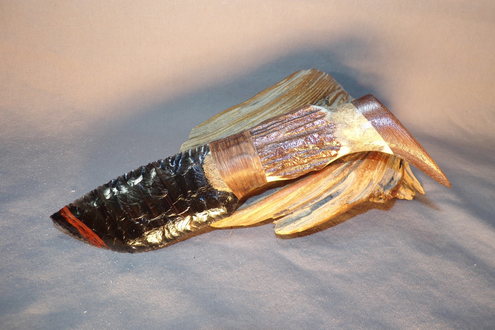 Tri Flow Obsidian Cody Knife W Elk Antler & Walnut End Cap Handle Flintknapping