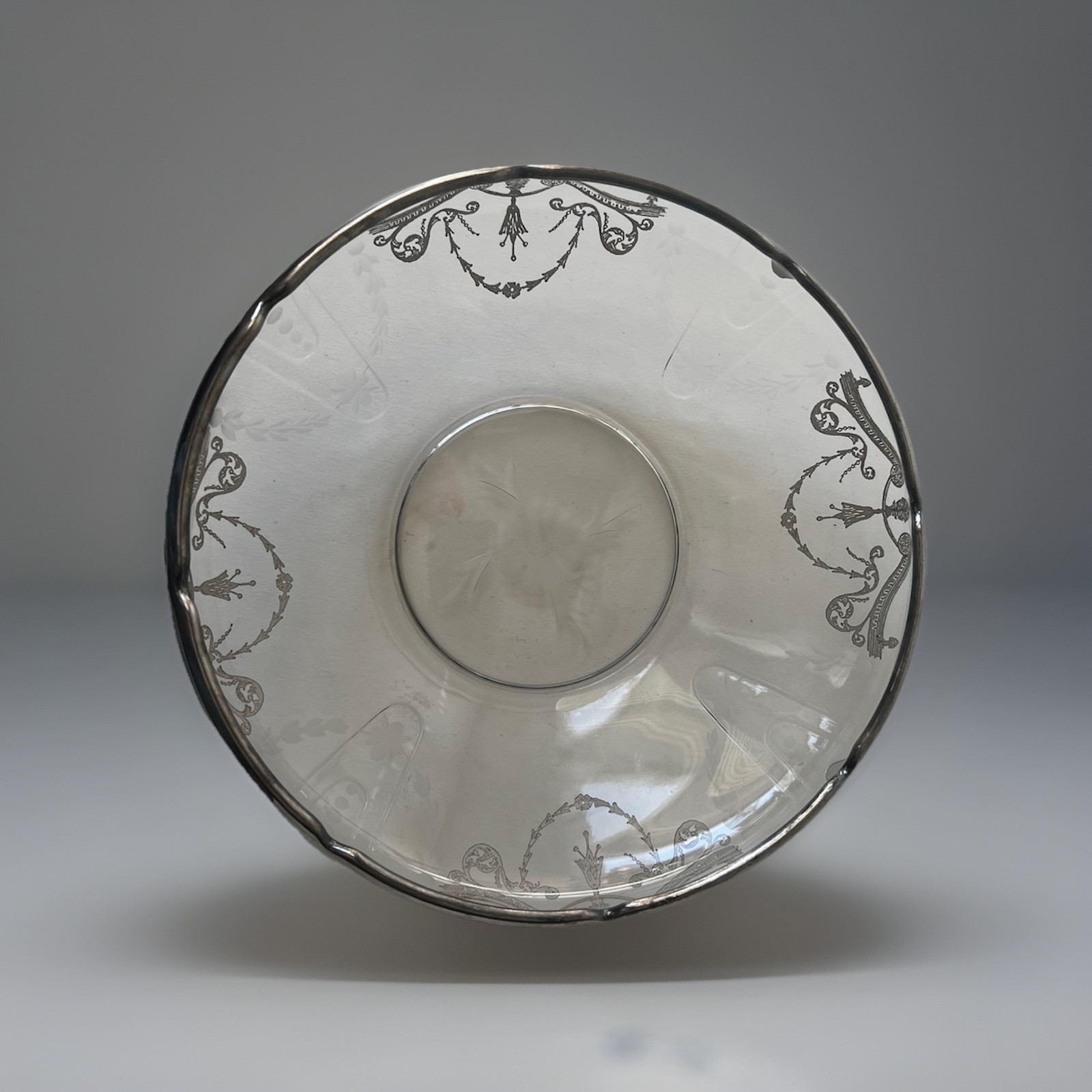 Antique Edwardian Bowl 9” in Diameter With Sterling Silver Inlay Etched 1900’s