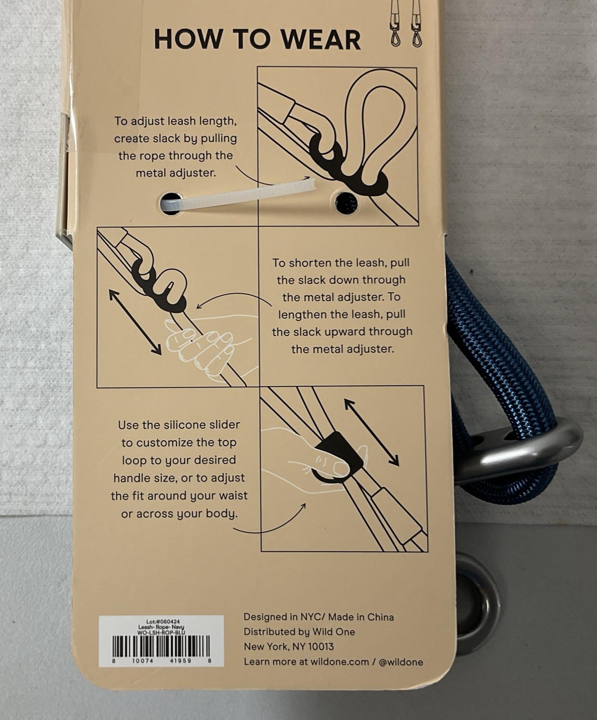 Wild One Adjustable Hands-Free Standard Rope Leash - Navy - Brand New