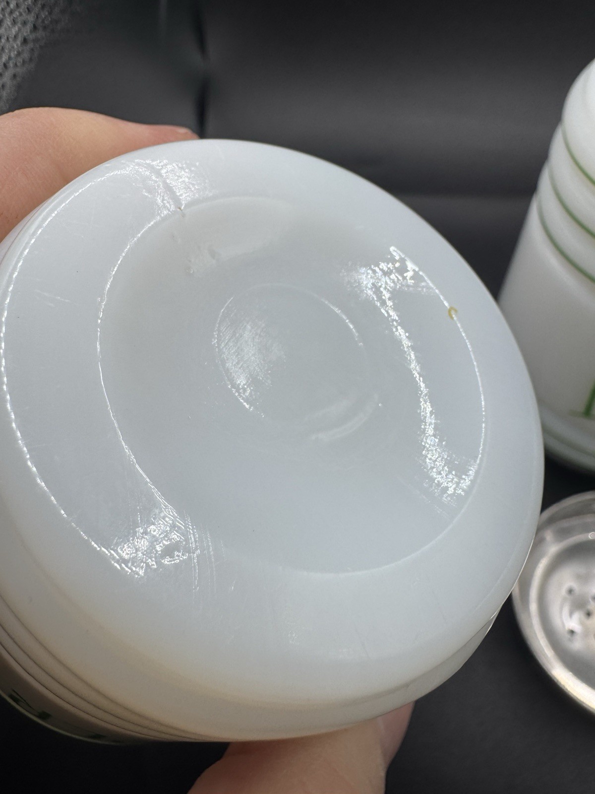 HAZEL ATLAS White Milk Glass Green Letters 1940s Ribbed Salt Pepper Shakers Set