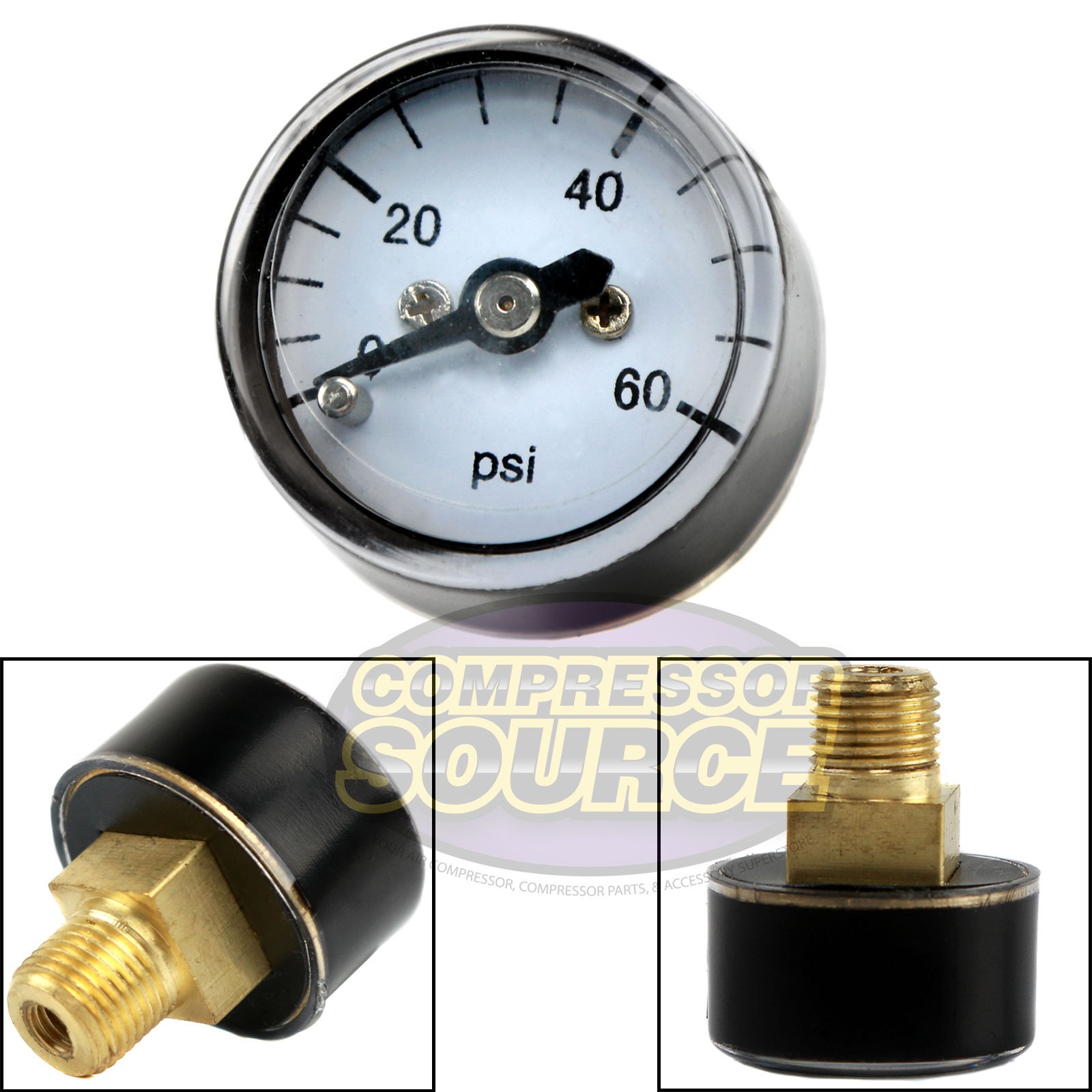 1/8" MNPT Mini/Micro Air Pressure Gauge 0-60 PSI 1" Face CBM Center Back Mount