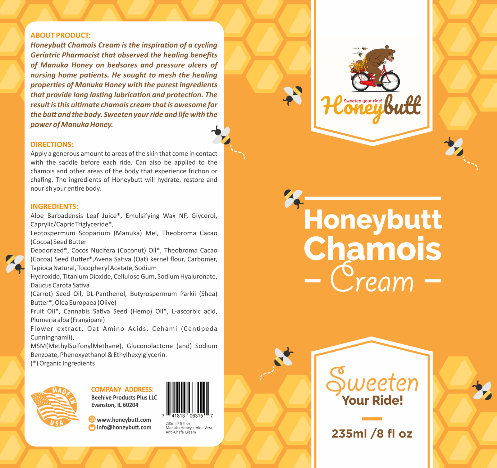 Honeybutt Chamois/Anti Chafing Cream w Manuka Honey Healing Protection 8oz Tube