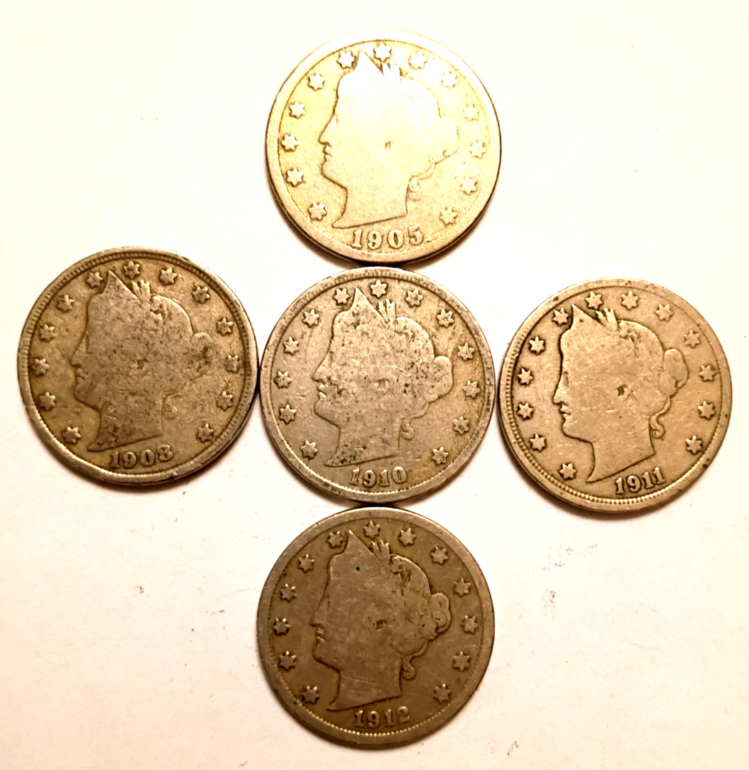Liberty Head "V" Nickels Lot #31-1905, 1908, 1910, 1911, 1912