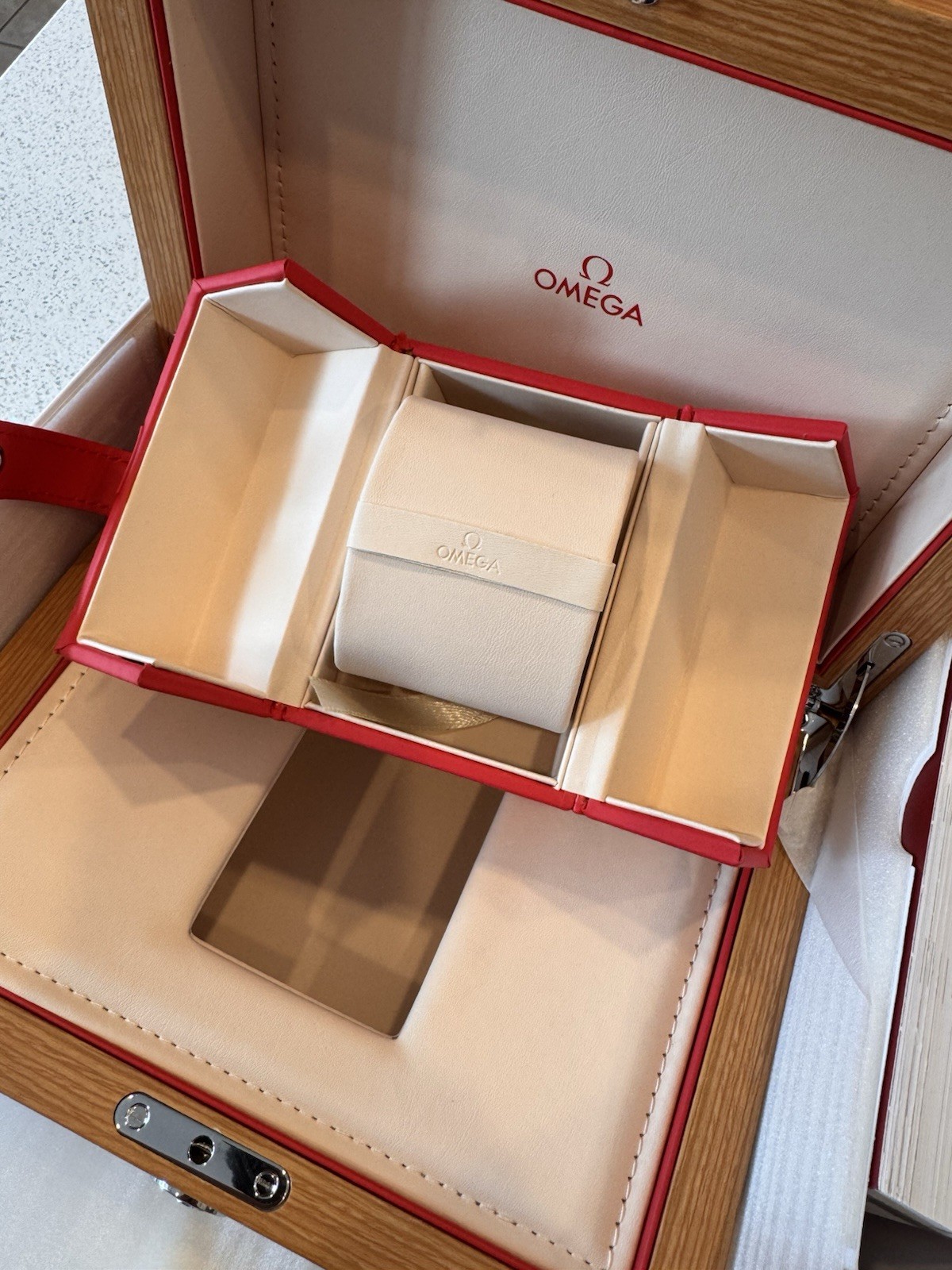 Omega Wooden Lux Watch Box Replacement Manual And Red Travel Case Fast Ship