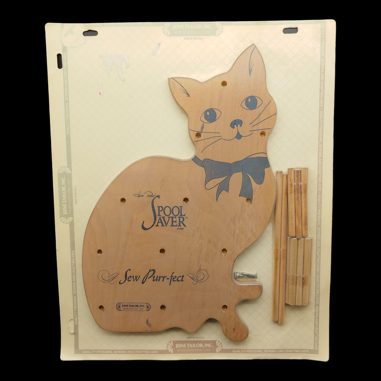 June Tailor Wood Spool Saver Hanging Rack - 12 Pegs vtg Sew Purr-fect Cat Shaped