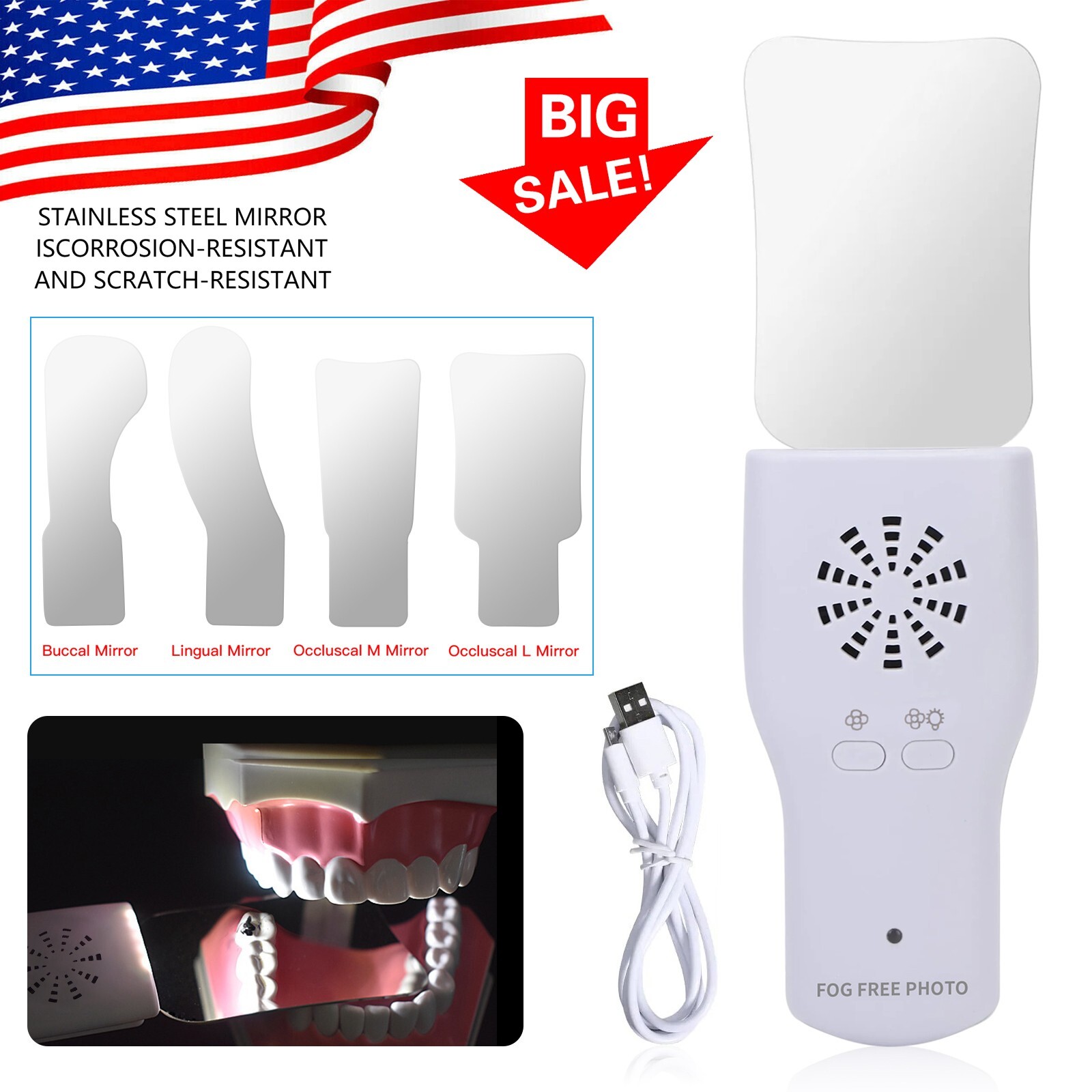 Dental Occlusal Mirror Fog Free LED Intra Oral Photo System 4*Mirrors Anti-Fog d