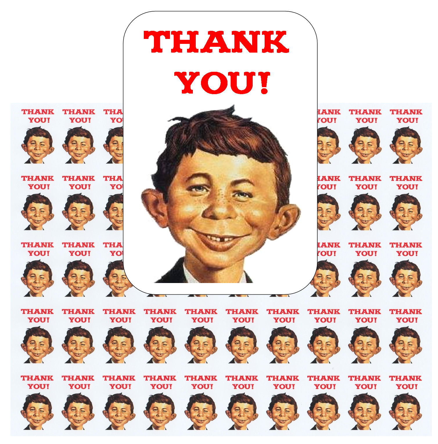 50 Alfred E Neuman Thank You Envelope Seals / Labels / Stickers, 1" by 1.5"