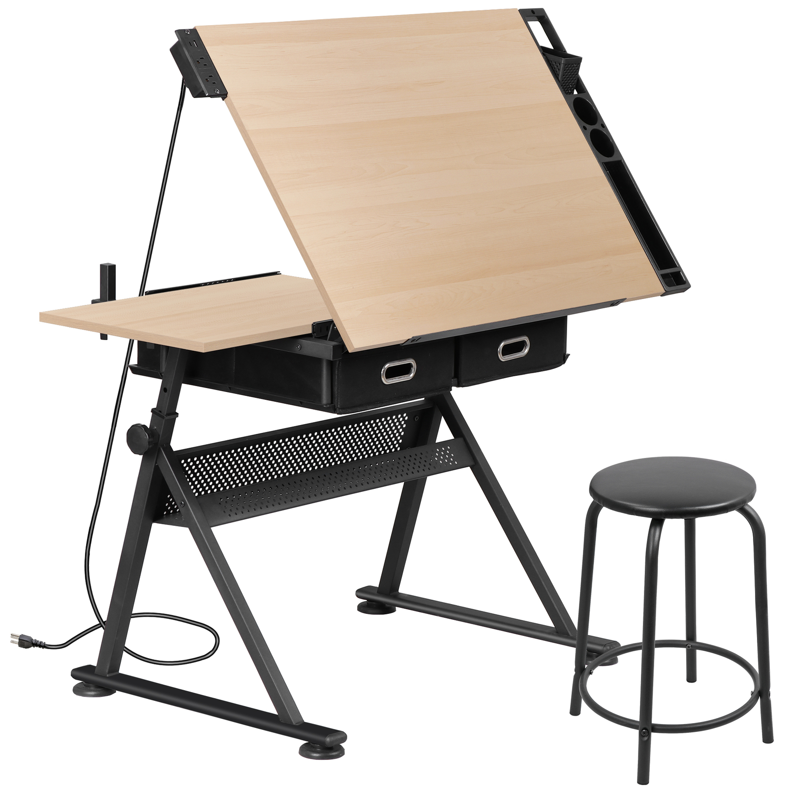 Adjustable Drafting Table with Outlet Artist Drawing Table with Stool Natural