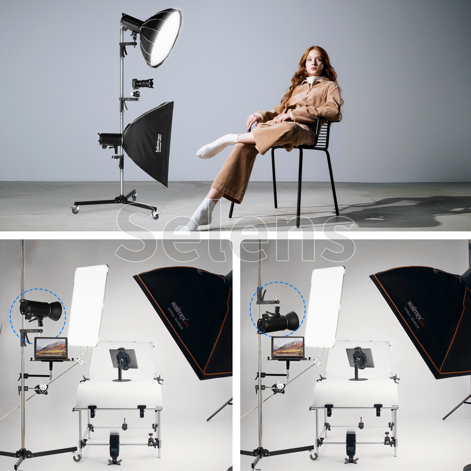 Selens 8ft Wheeled Heavy Duty Light Stand Tripod Studio Photography Pistol Grip