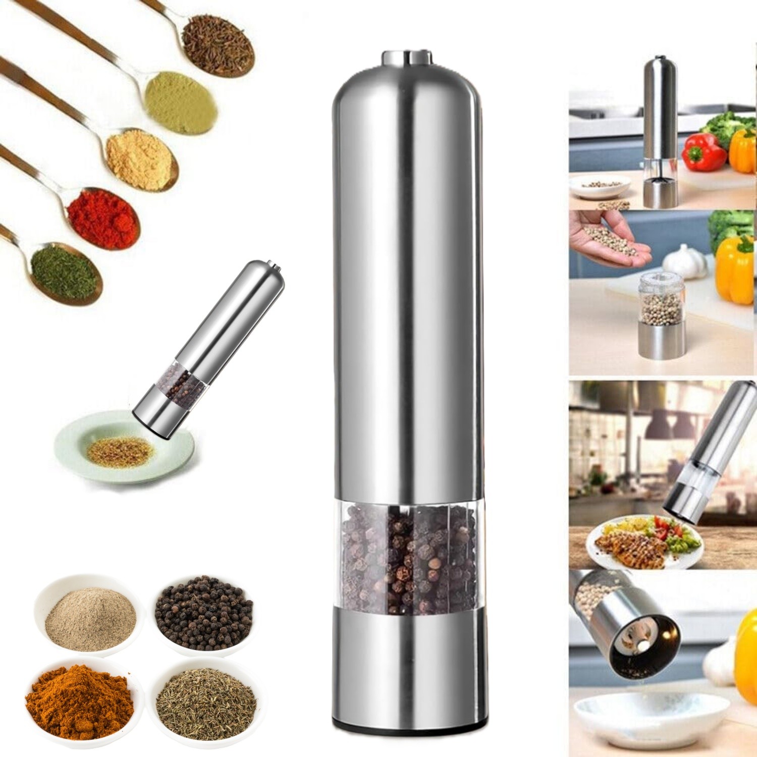 2PCS Electric Salt Pepper Grinder Mill Shakers Set Adjustable Stainless Steel