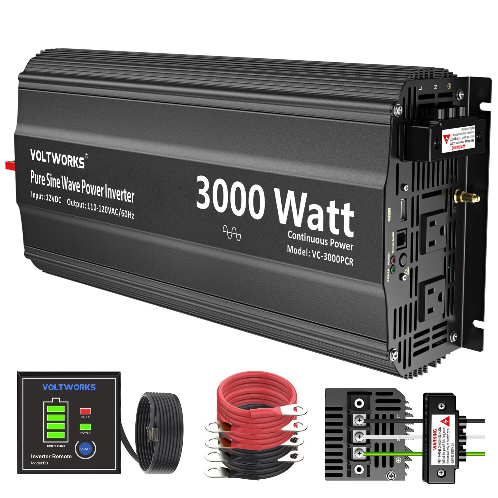 Pure Sine Wave 3000Watt Car Power Inverter Converter DC 12V to 120V AC VOLTWORKS