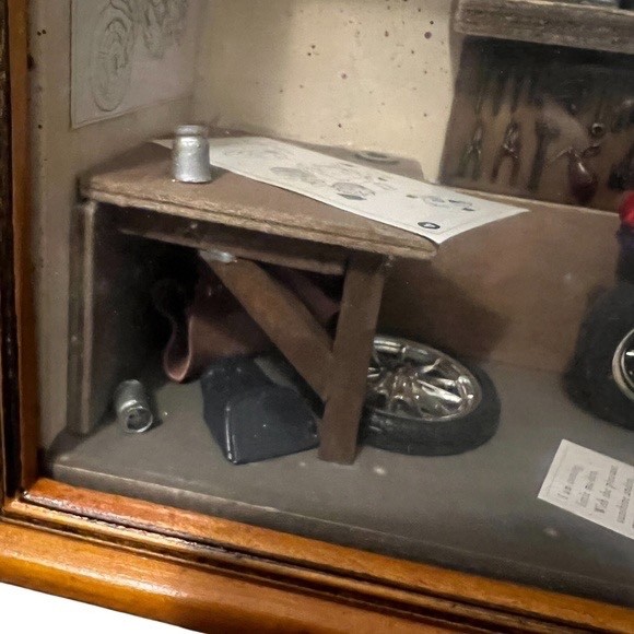 Vintage Motorcycle Garage Shop Diorama Shadow Box.