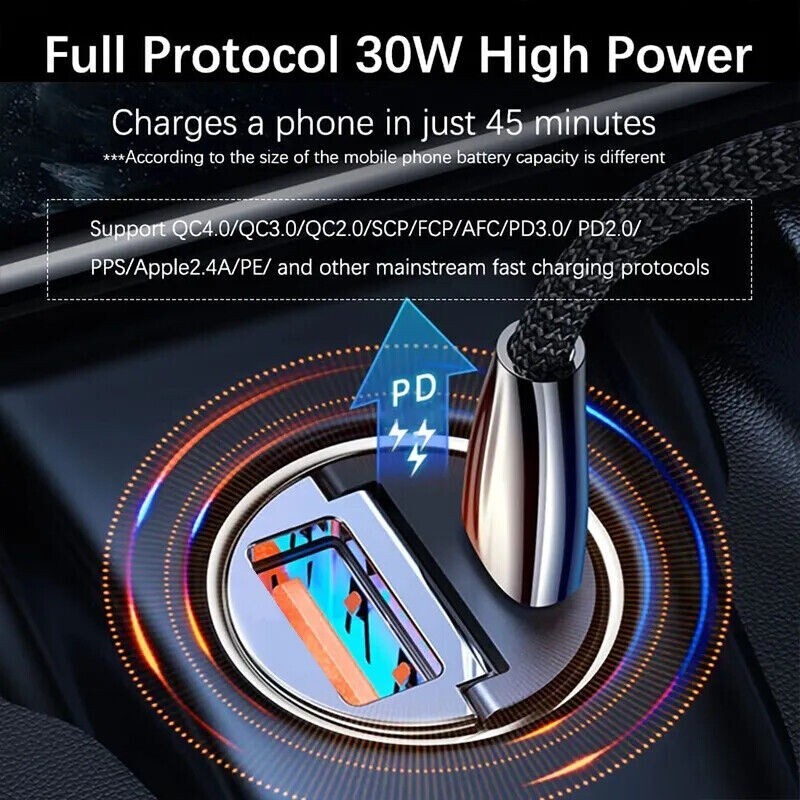 100W Super Fast Phone Car Charger Adapter USB Type C For iPhone Samsung Android
