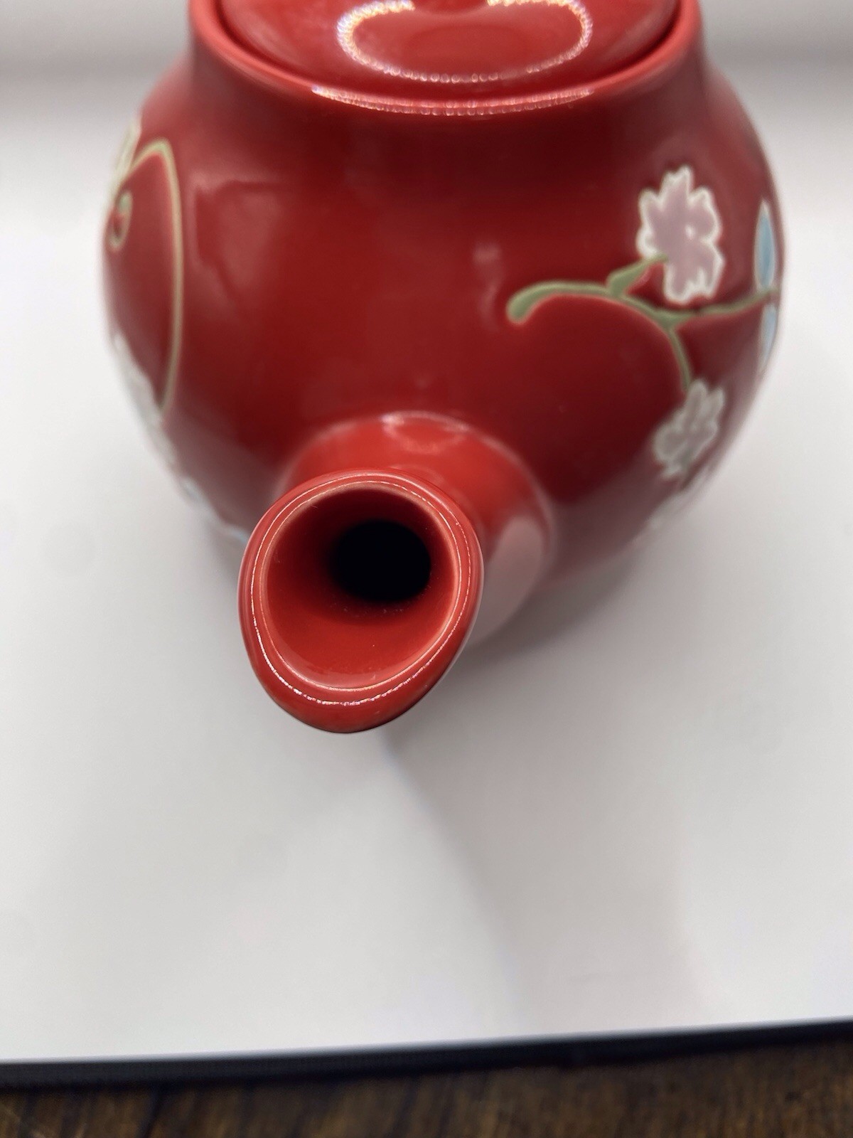 FSG Red Stoneware Floral Teapot With Strainer Pink Blue Green Flowers