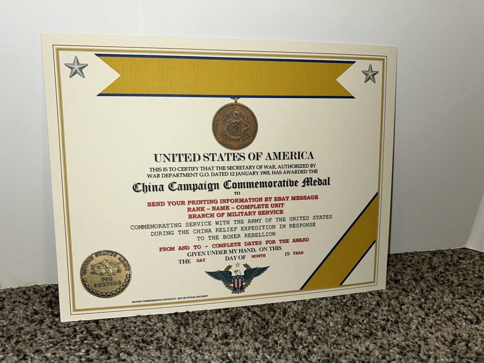 CHINA CAMPAIGN (ARMY) COMMEMORATIVE MEDAL CERTIFICATE ~ W/PRINTING TYPE-1