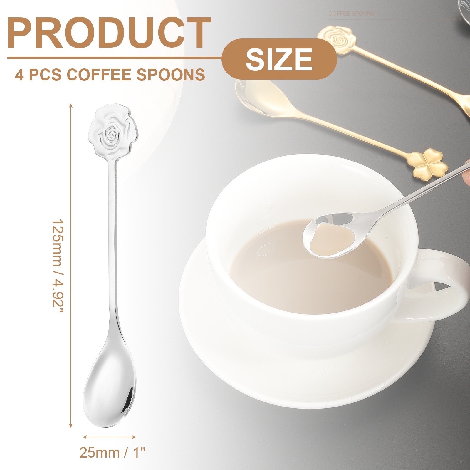 4pcs Coffee Spoons, Rose Tea Spoons Stainless Steel, Silver