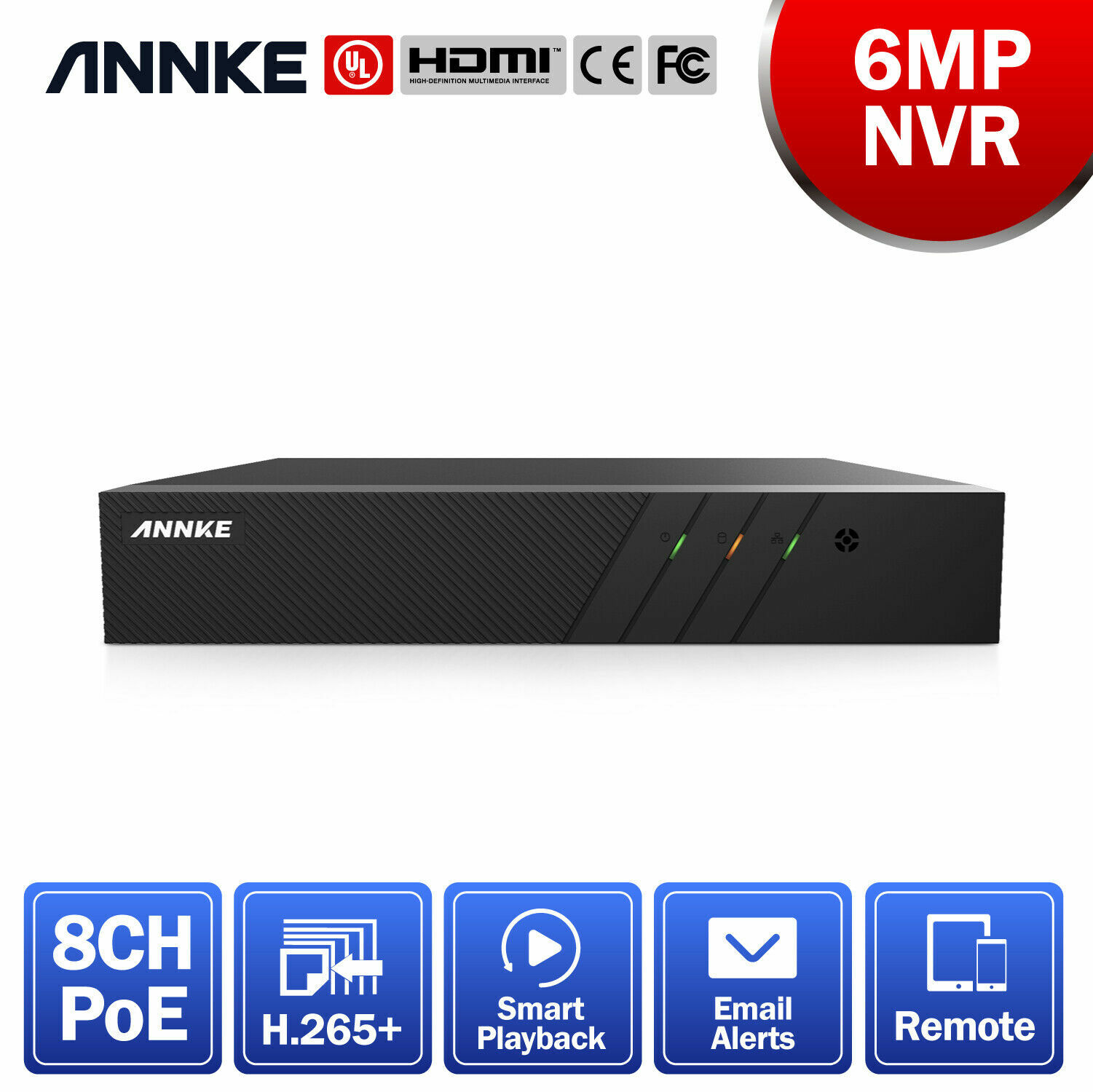 ANNKE 8CH Channel H.265+ 6MP Security NVR Recorder for 2MP/4MP/6MP POE IP Camera
