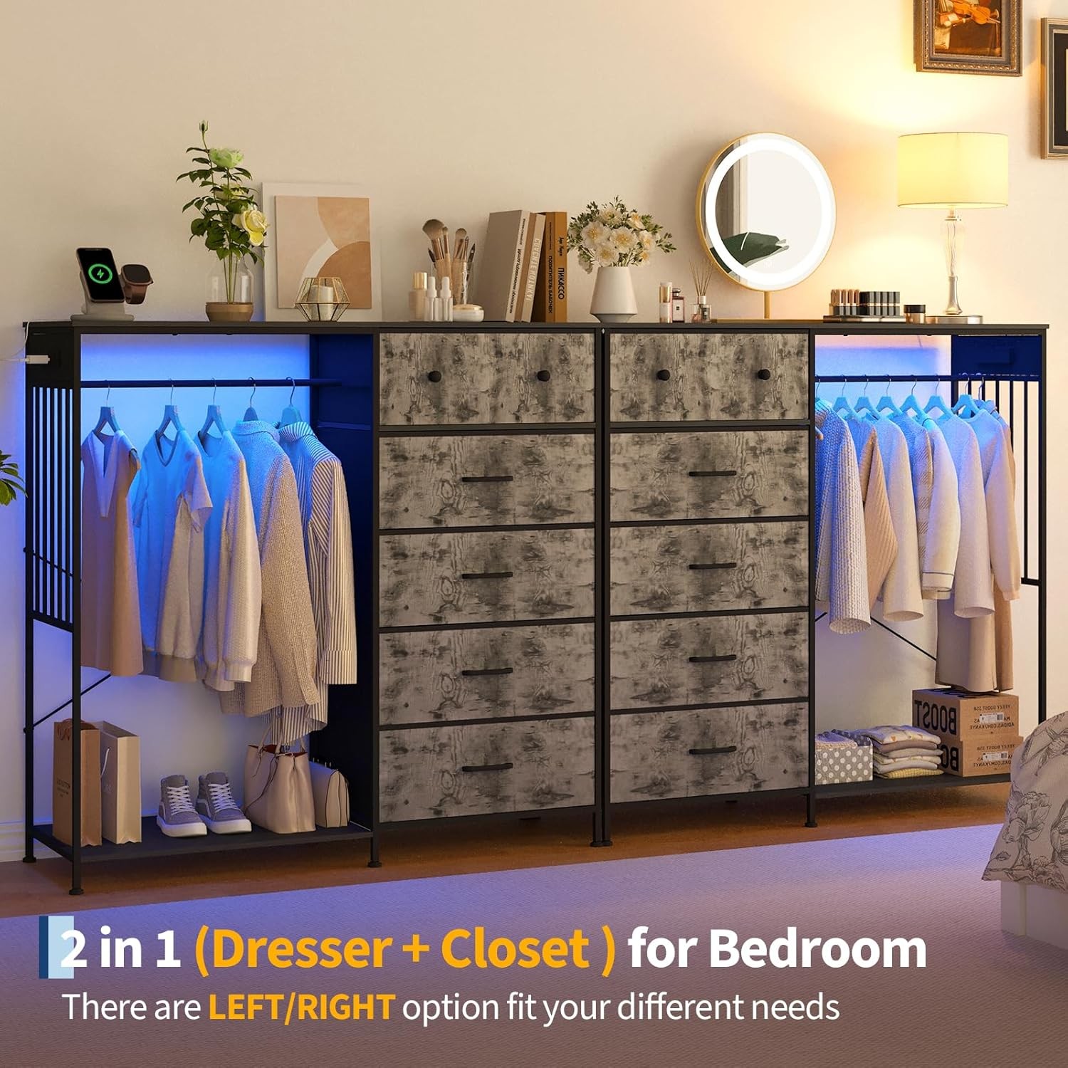 Bedroom Storage Center, Dresser/Wardrobe Combo with Hanging Rack, LED Lights