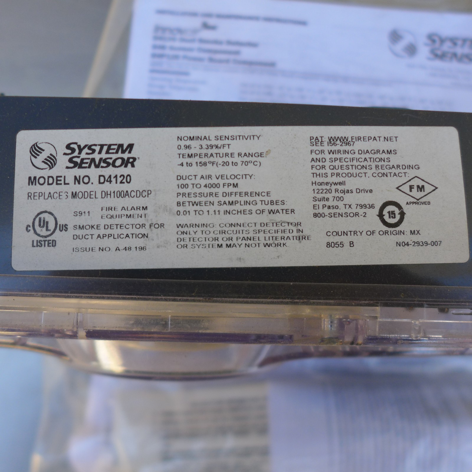 B86 SYSTEM SENSOR D4120 ENNVAIR FLEX 4-WIRE PHOTOELECTRIC DUCT SMOKE DETECTOR