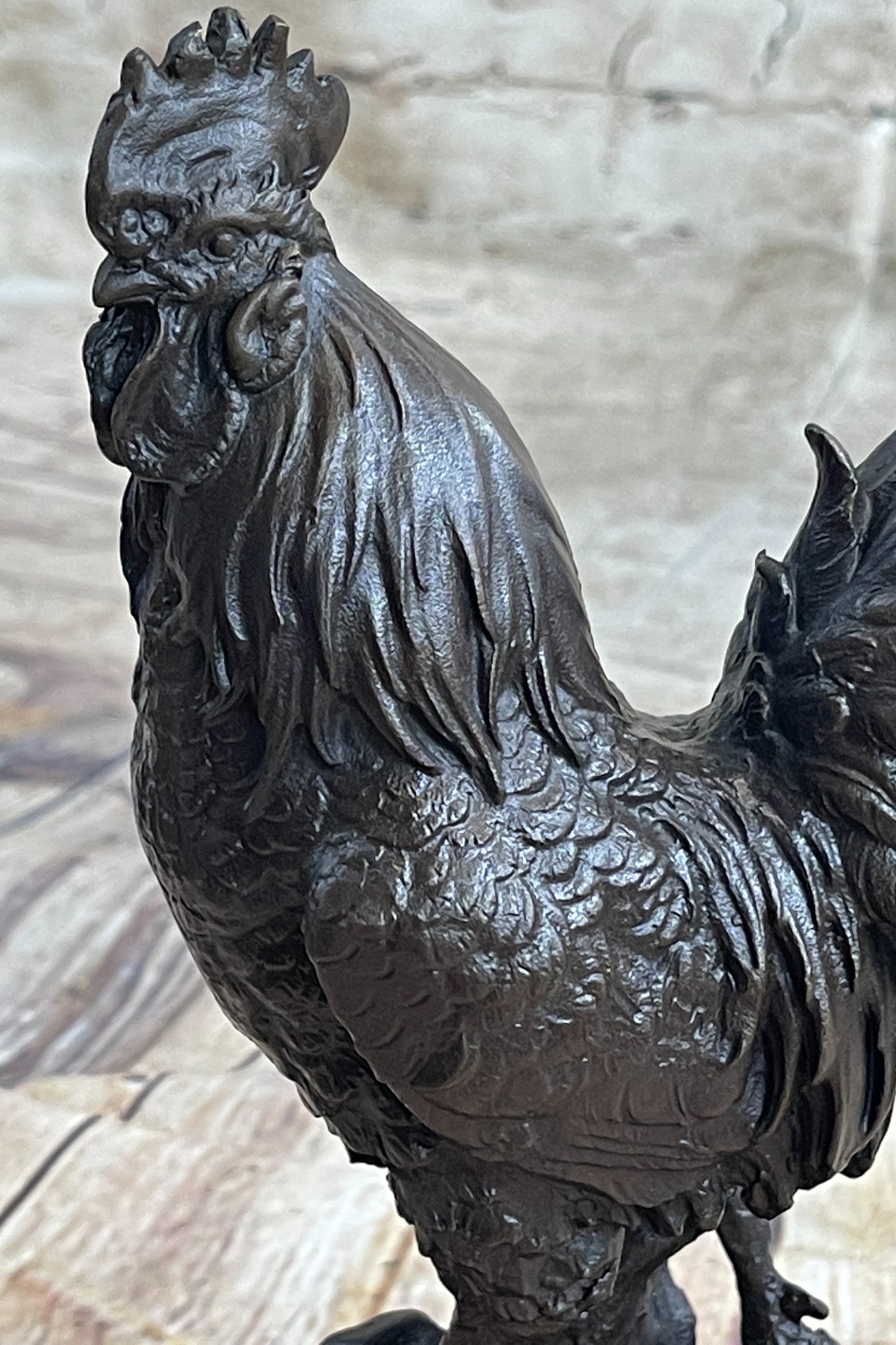 Chicken Rooster Farm Animal Bronze Statue Sculpture Figure Decor on Marble Base