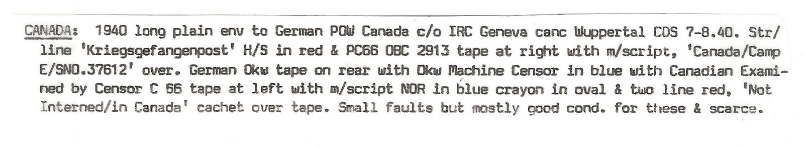 1940 Kriegsgefangenpost German POW Switzerland to Canada