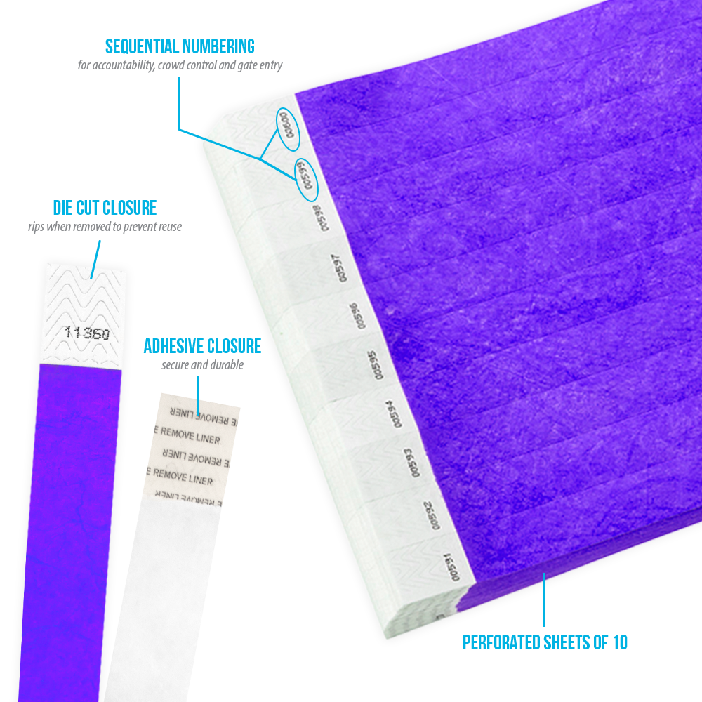 3/4" Tyvek Wristbands Purple -100 Count