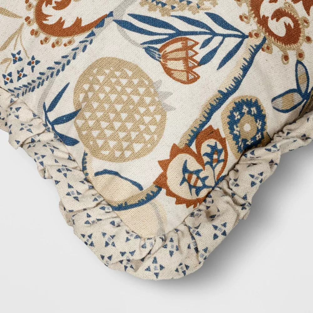 Square Bird in Nature Pillow with Printed Reverse and Ruffle Trim neutral