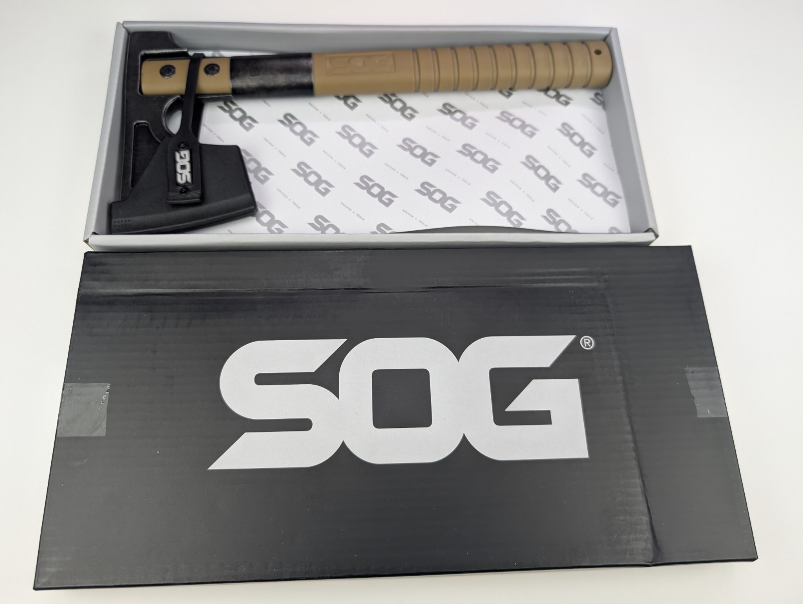 SOG Camp Axe - 11.5" Overall - Black Stonewash Finish - Tan GRN Handle + Sheath