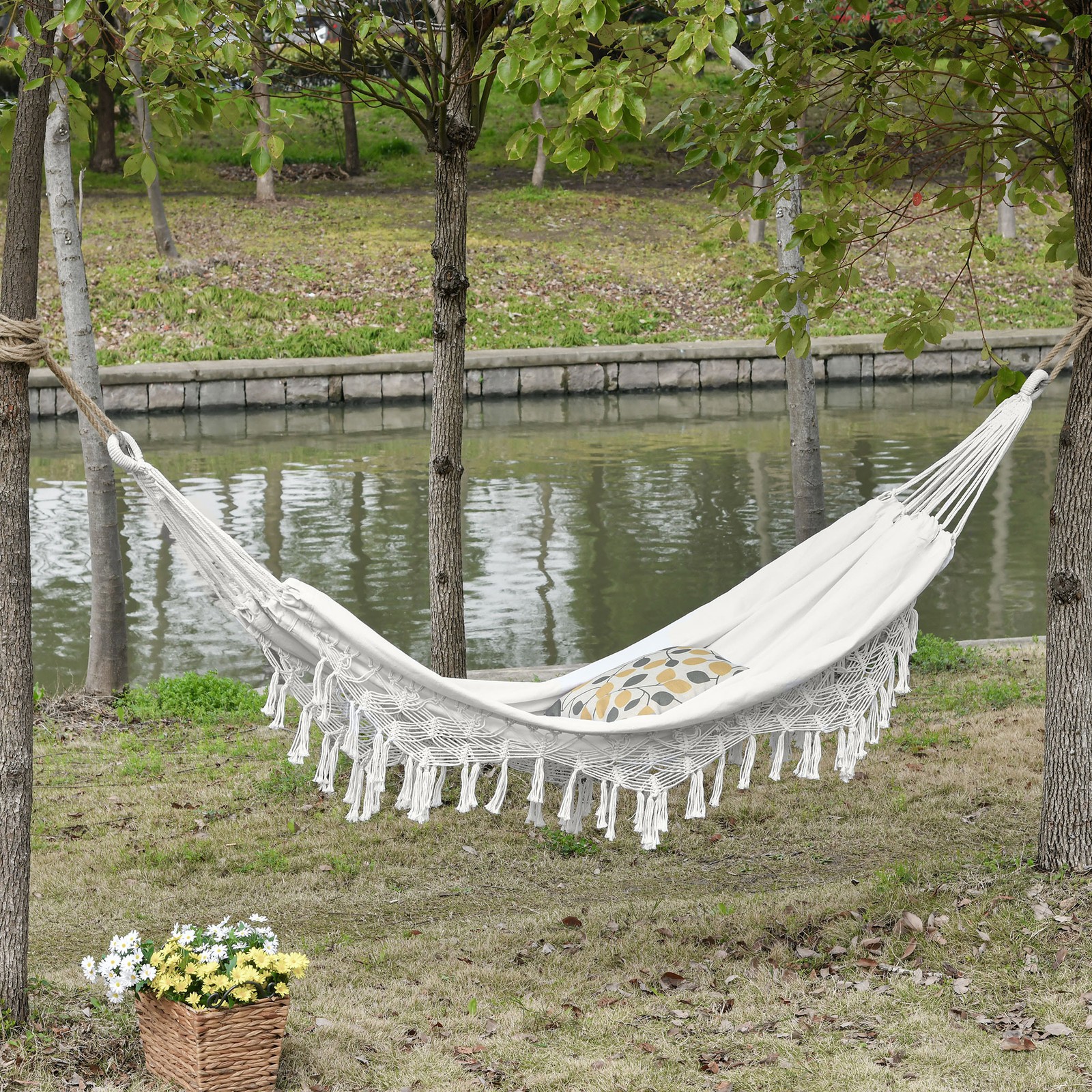 Outdoor Brazilian-Style Cotton Hammock Bed Backyard w/ Carrying Bag, 330 lbs