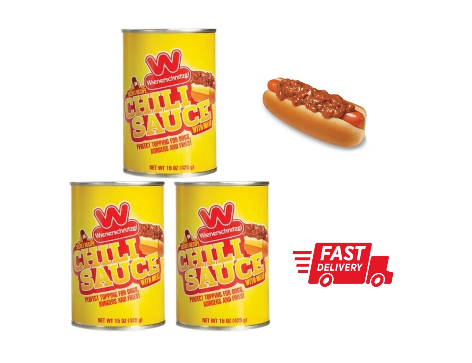 Wienerschnitzel Chili Sauce Secret Recipe with Meat 3 cans Great on Hot Dogs