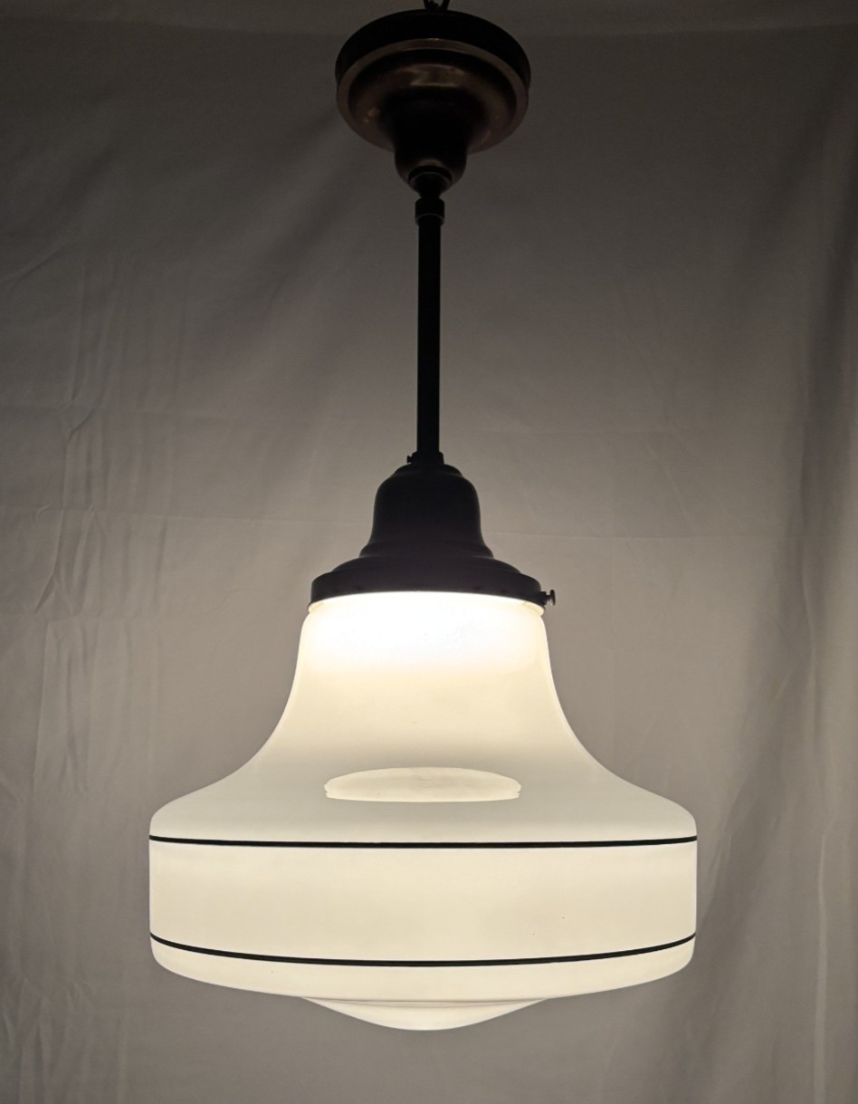 Schoolhouse Ceiling Light Fixture Vtg Art Glass Shade Black Stripes USA #L43