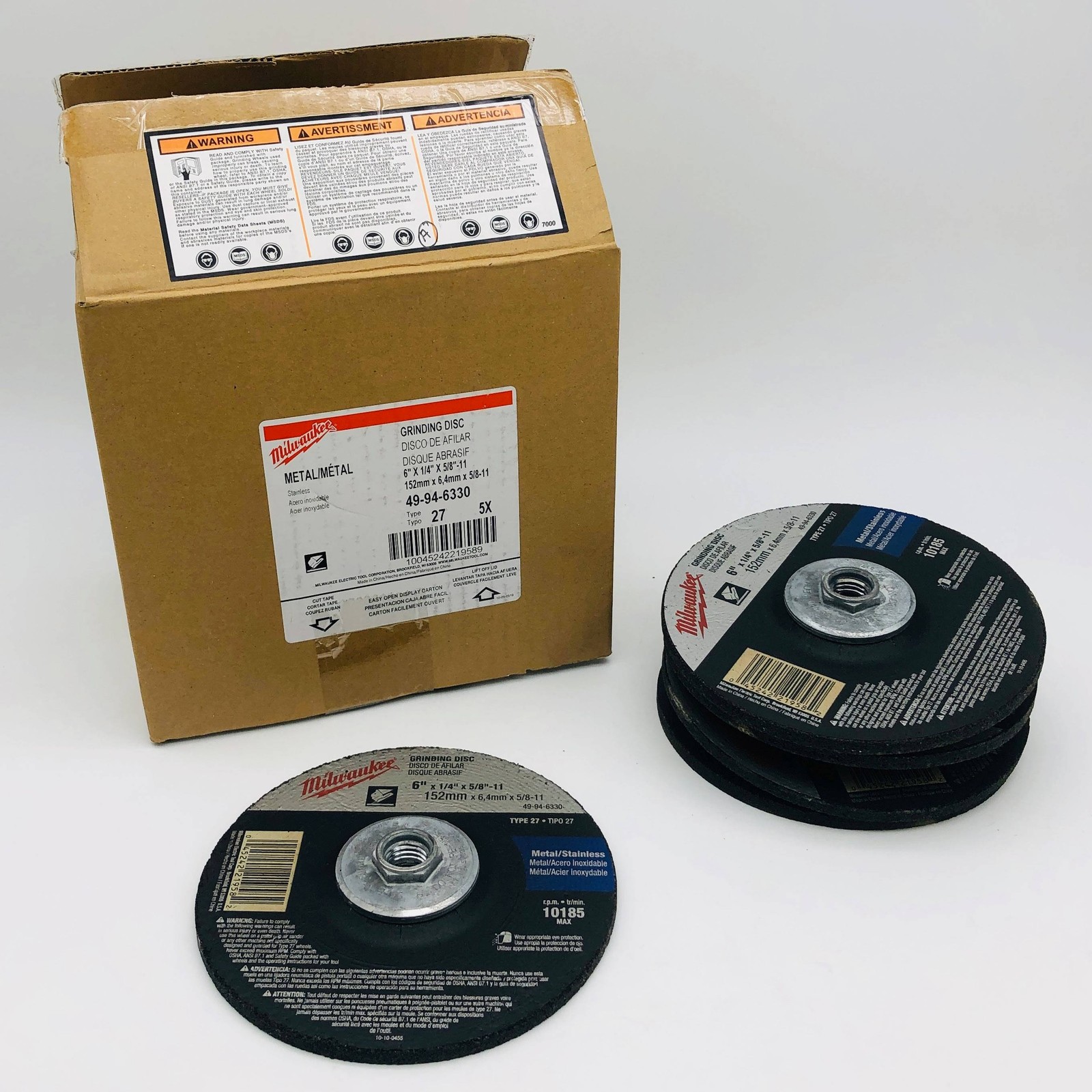 5pk Milwaukee 49-94-6330 Grinding Disc 6in x 1/4in x 5/8in-11 Type 27 AO