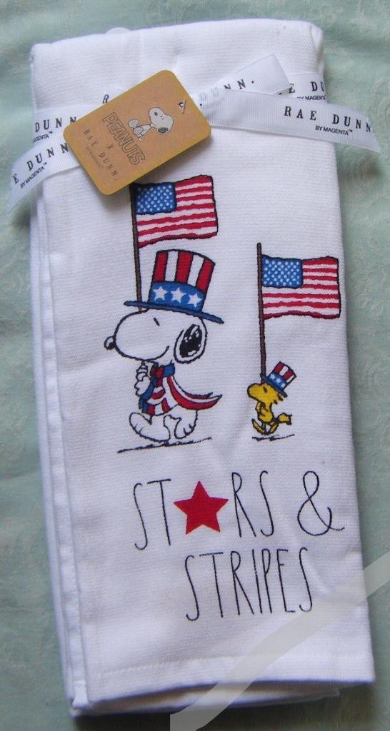 Rae Dunn Peanuts Snoopy Patriotic Stars & Stripes Kitchen Towels 2 Pk NEW 9/125