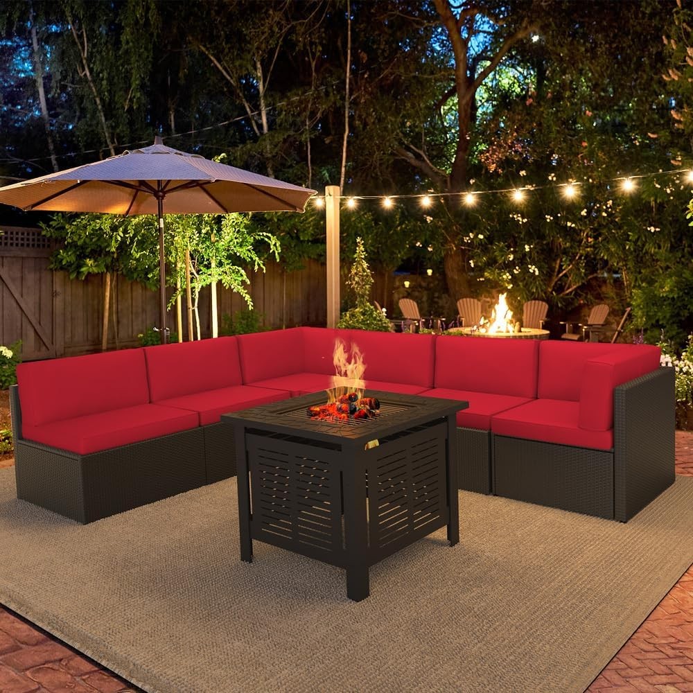 8 Piece Outdoor Patio Furniture Set with Fire Pit Table, Tea Table and Cushions