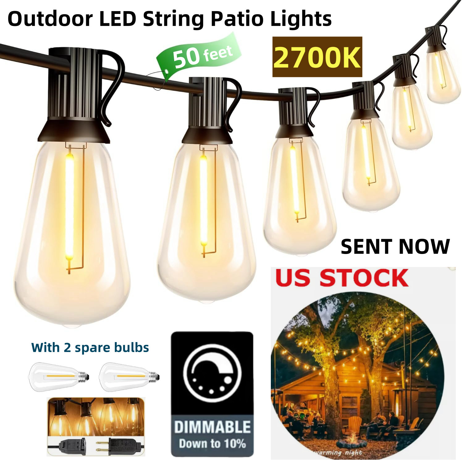 50FT - 800FT LED Outdoor String Lights Dimmable Waterproof ST38 LED Patio Lights