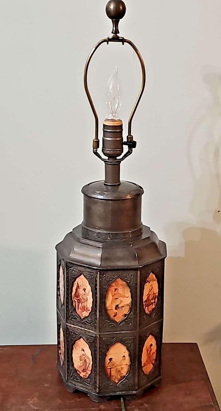 Antique Pewter Tea Caddy Canister w/ 18 Glass Scenes Reverse Painted Panels LAMP