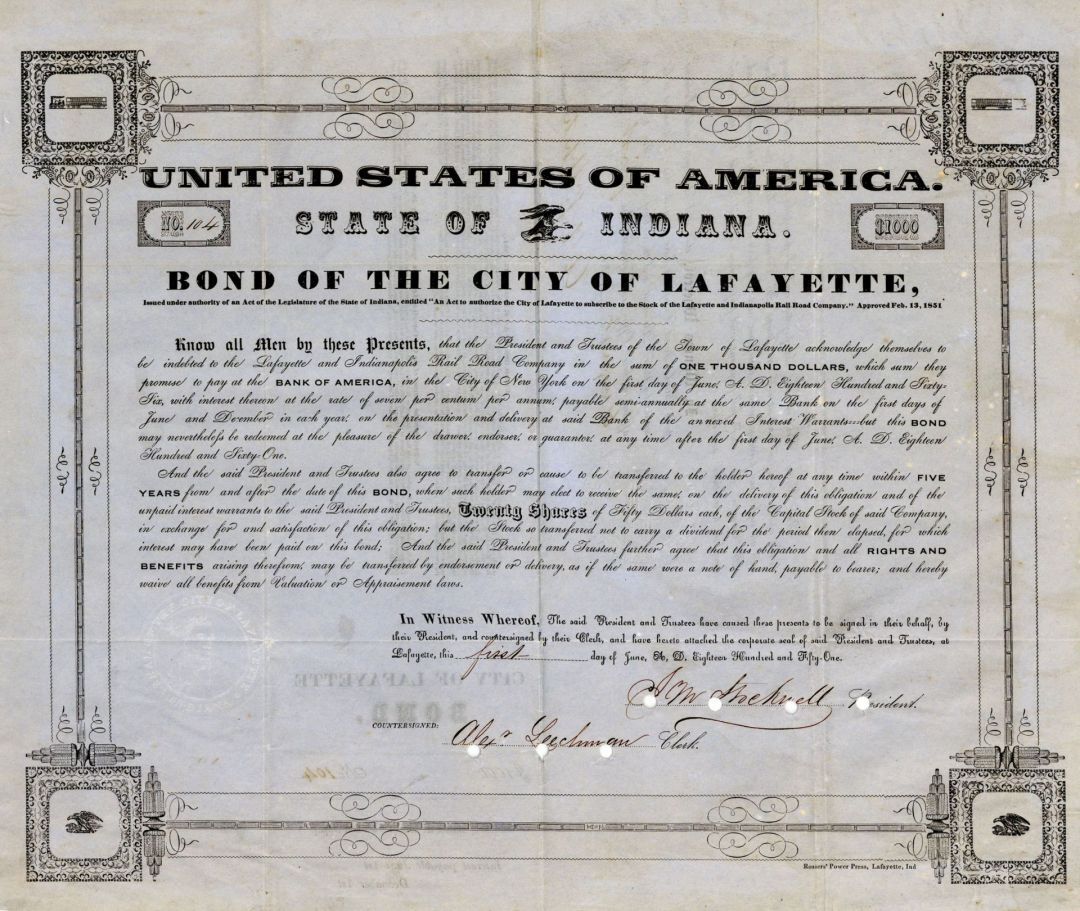 State of Indiana - Lafayette and Indianapolis Rail Road Co. - $1,000 Bond - Rail
