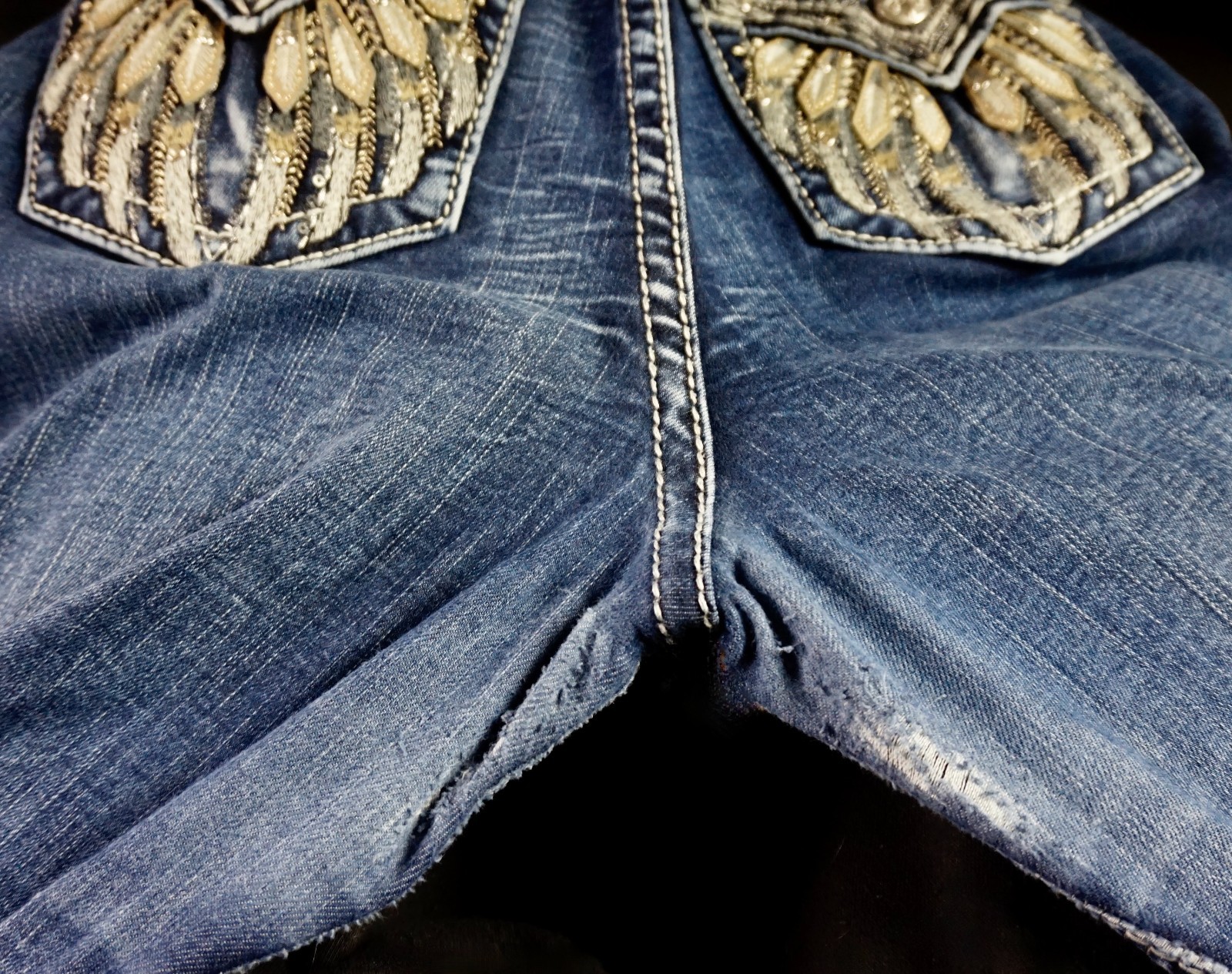 $118 Buckle Miss Me Jeans "Sequins Leather Fallen" Mid-Rise Boot 30 X 29 READ