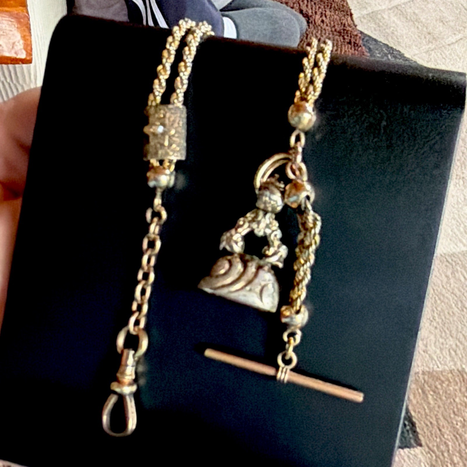 Victorian RFS Gold Tone Rope Link Watch Slider Chain Old Carnelian Fob 14k Tbar