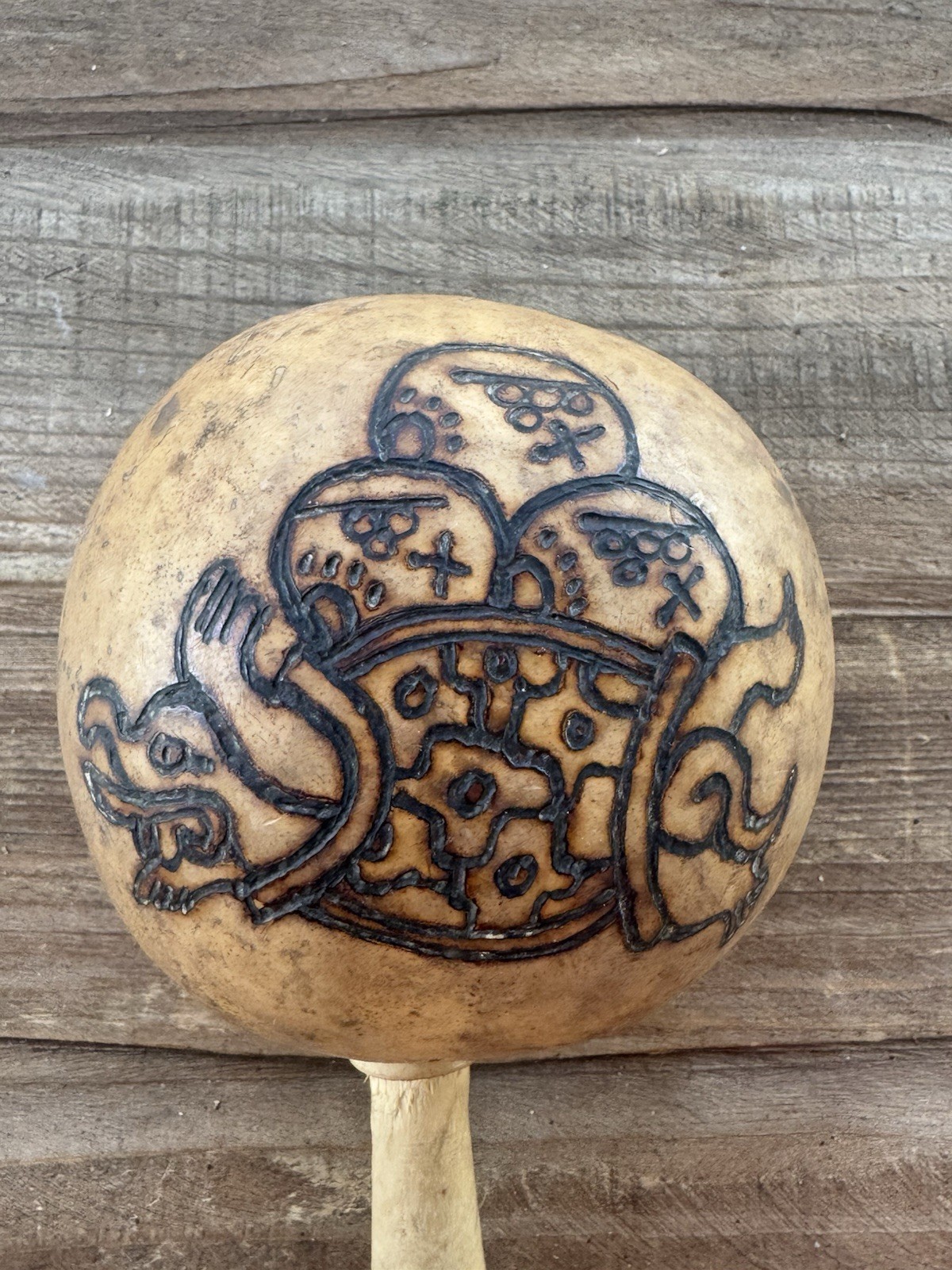 Vintage Decorated Gourd Rattle Turtle Design Folk Art Handcrafted