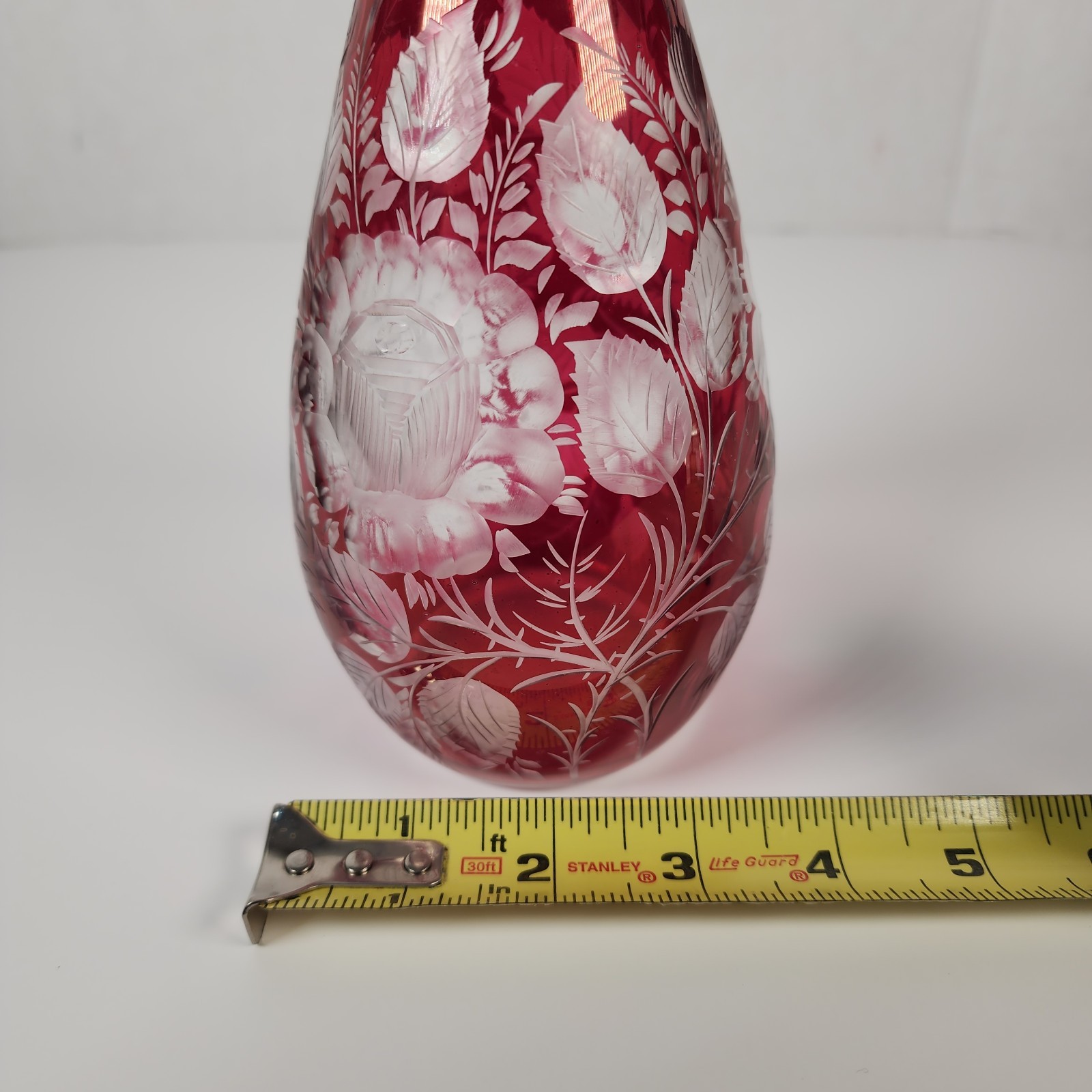 Bohemian Art Glass Ruby Red Liquor Decanter Etched Floral Design Vintage