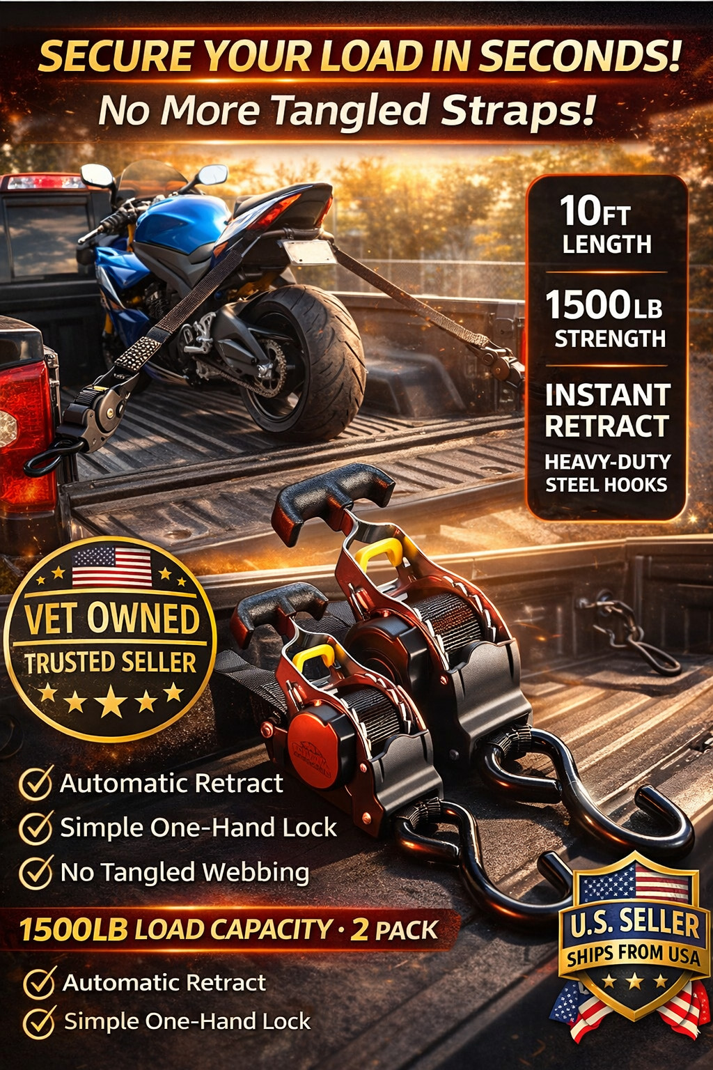 🔥 2-Pack 10FT Retractable Ratchet Tie-Down Straps | 1500LBS Heavy-Duty | S-Hook