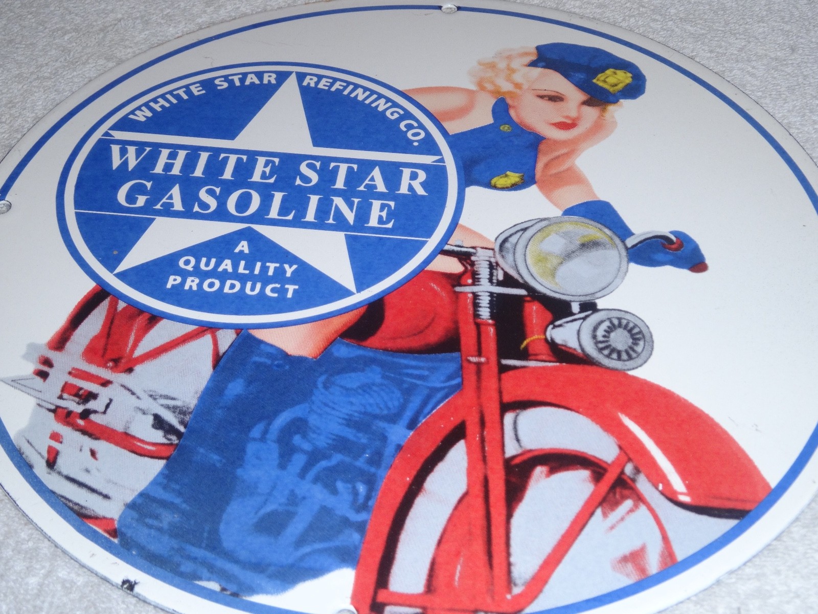 VINTAGE WHITE STAR GASOLINE "WOMAN ON MOTORCYCLE" 12" PORCELAIN METAL MOBIL SIGN