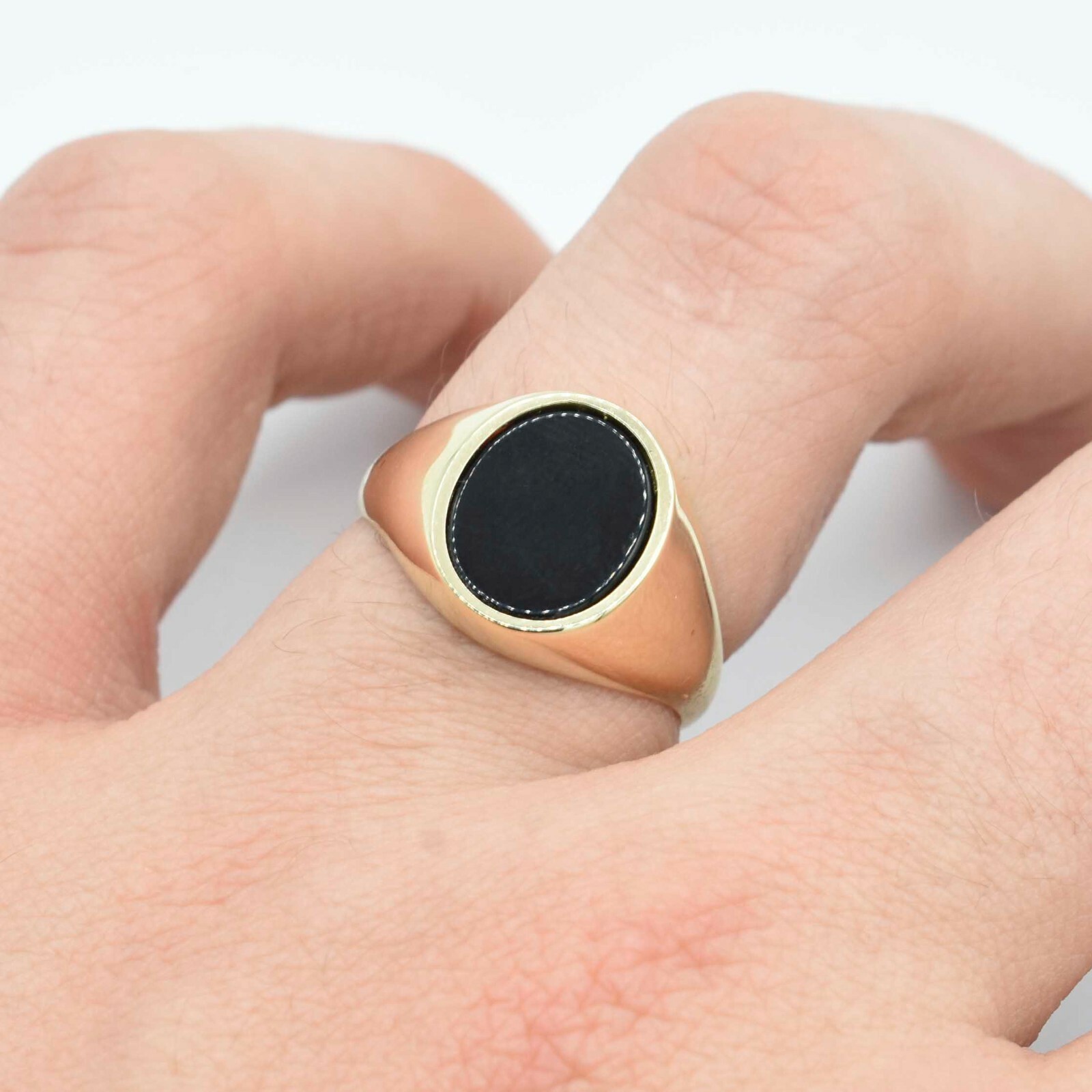 Oval Black Onyx Shiny Signet Ring Real Solid 10K Yellow Gold